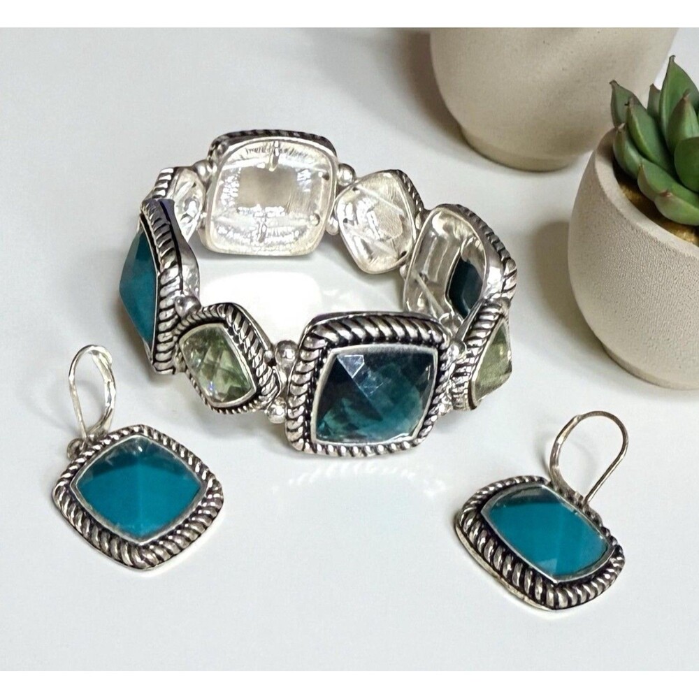 Napier Signed Vintage Turquoise & Aquamarine Blue Bracelet & Earrings Set